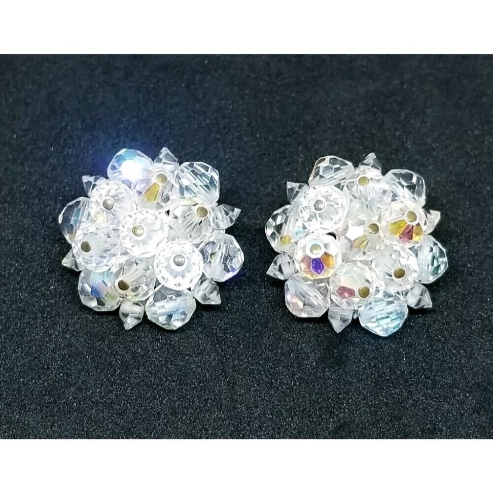 Laguna Clear Crystal Aurora Borealis Cluster Silver Tone Clip Earrings